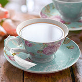 Elegant Afternoon Tea Set with Floral Design, Featuring a Cup and Saucer in Mint Green