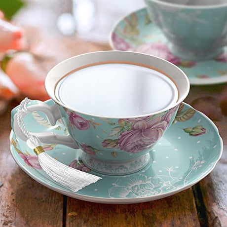 Elegant Afternoon Tea Set with Floral Design, Featuring a Cup and Saucer in Mint Green