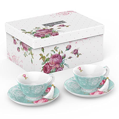 Elegant Afternoon Tea Set featuring two floral teacups and saucers in a decorative gift box
