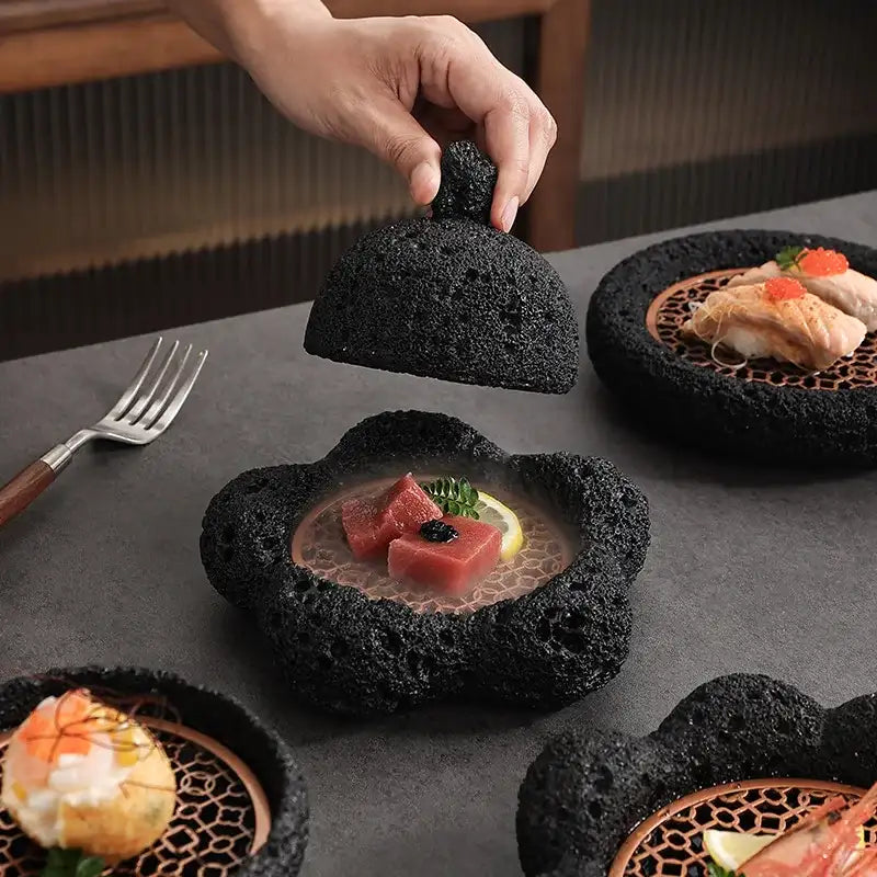 Nisu Home Unique Tableware Set with Lava Stone Plates and Decorative Cloche for Elegant Dining