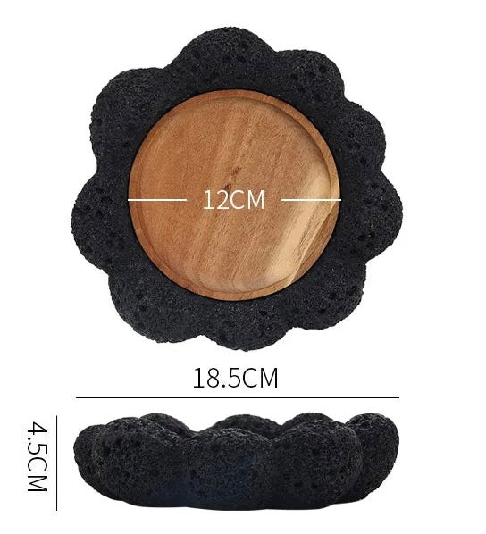 Nisu Home Black Flower-Shaped Tableware with Wooden Centre for Stylish Dining Settings