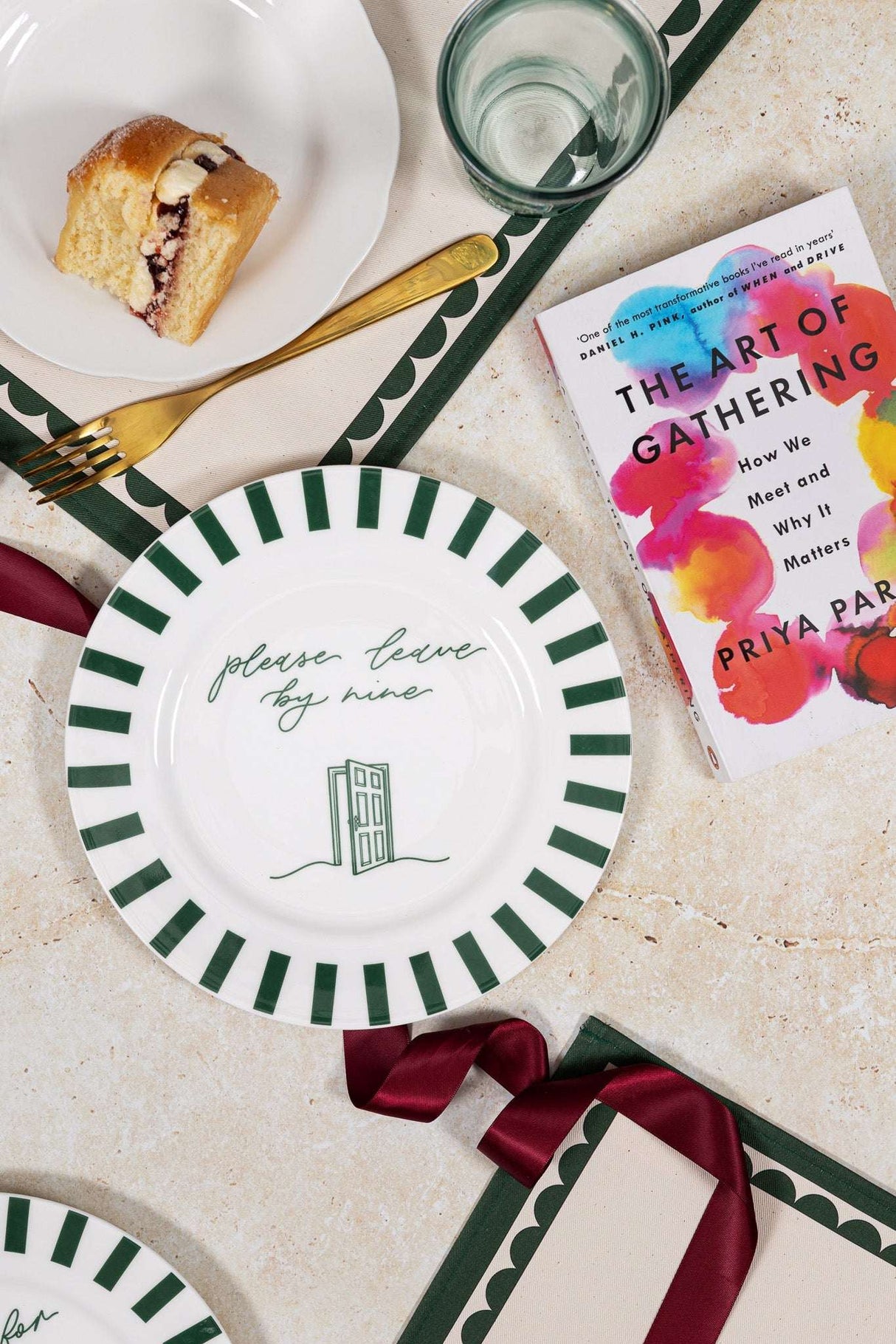 Avalon Home UK Bone China Plate with Green Stripes and 'please leave by nine' text, set for dining