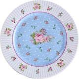 Beautiful floral cake plate set in pastel blue with pink roses and polka dots for elegant desserts