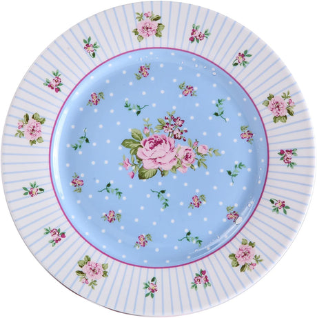 Beautiful floral cake plate set in pastel blue with pink roses and polka dots for elegant desserts