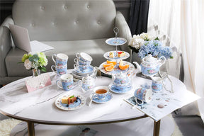 Elegant Cake Plate Set from London Boutique Lifestyle with floral design and matching teacups for afternoon tea
