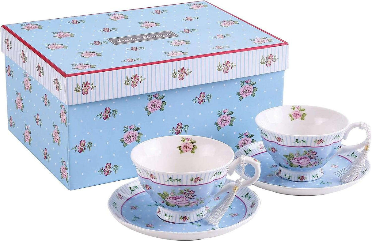 Set of two floral tea cups and saucers in a decorative box with a Cake Stand design theme