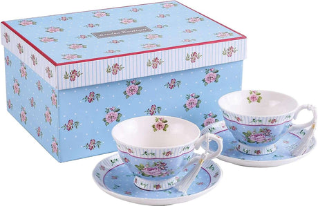 Set of two floral tea cups and saucers in a decorative box with a Cake Stand design theme