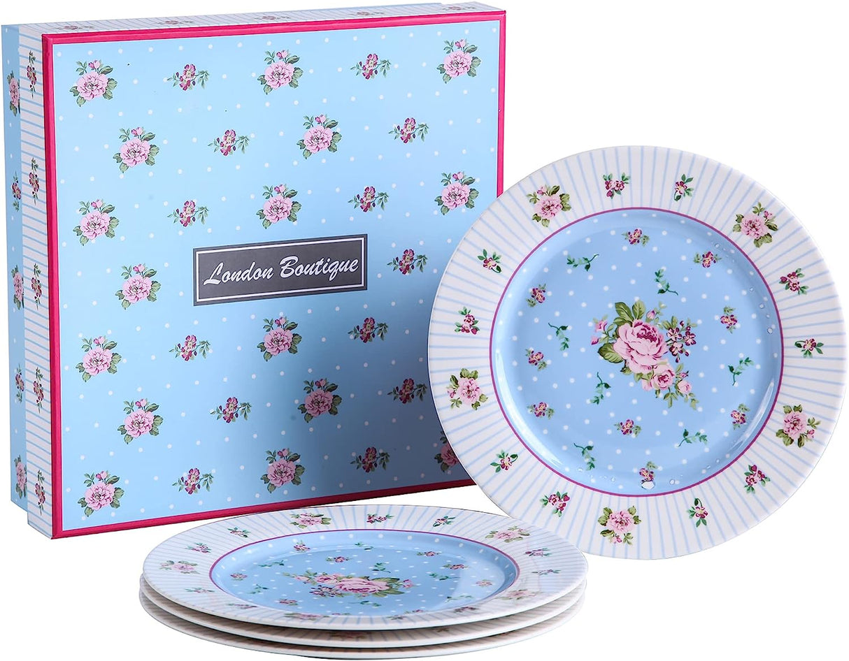 Set of Floral Melamine Plates in Blue with a Matching Cake Stand from London Boutique