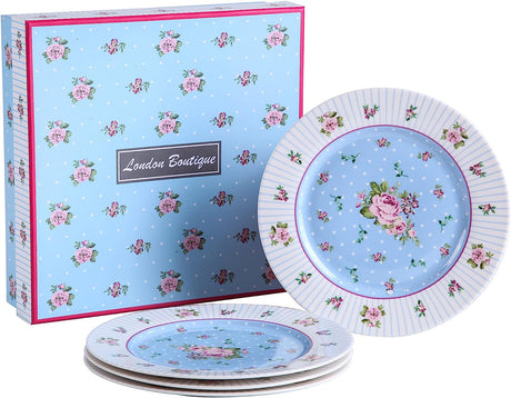 Set of Floral Melamine Plates in Blue with a Matching Cake Stand from London Boutique