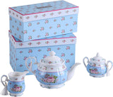 Beautiful floral tea set by London Boutique Lifestyle including a teapot, cream jug, and sugar bowl, perfect for a cake stand
