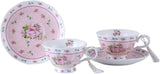 Elegant pink porcelain tea set with floral design and matching cake stand for stylish gatherings