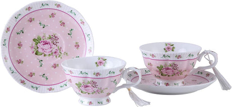 Elegant pink porcelain tea set with floral design and matching cake stand for stylish gatherings