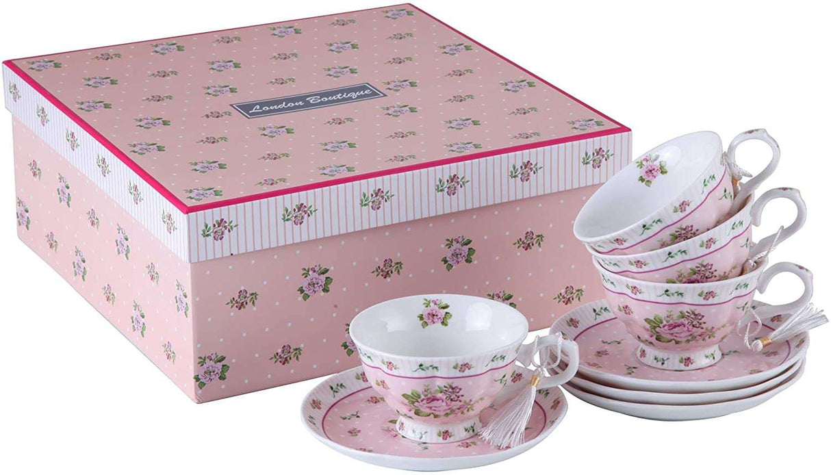 Elegant floral tea set in a pink box, perfect for displaying on a cake stand