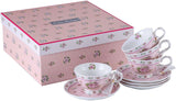 Elegant floral tea set in a pink box, perfect for displaying on a cake stand