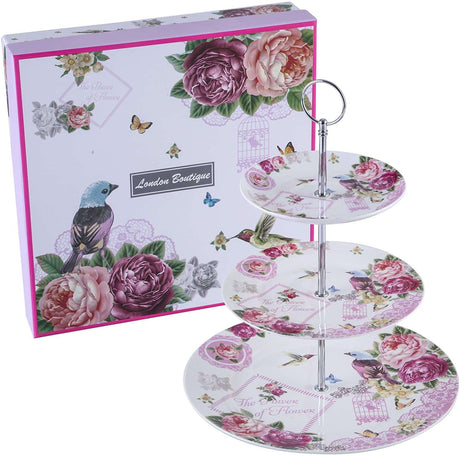 Elegant London Boutique Lifestyle cake stand with three tiers and floral design, perfect for serving desserts