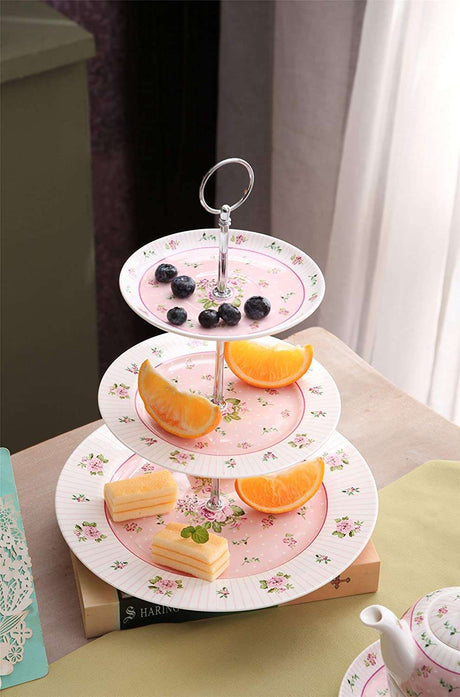 Elegant three-tiered Cake Stand in pastel floral design with fruits and pastries displayed