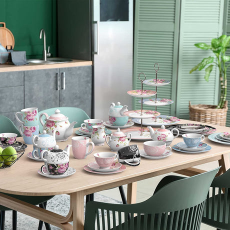 Elegant Coffee Set by London Boutique Lifestyle displayed on a wooden dining table with floral designs