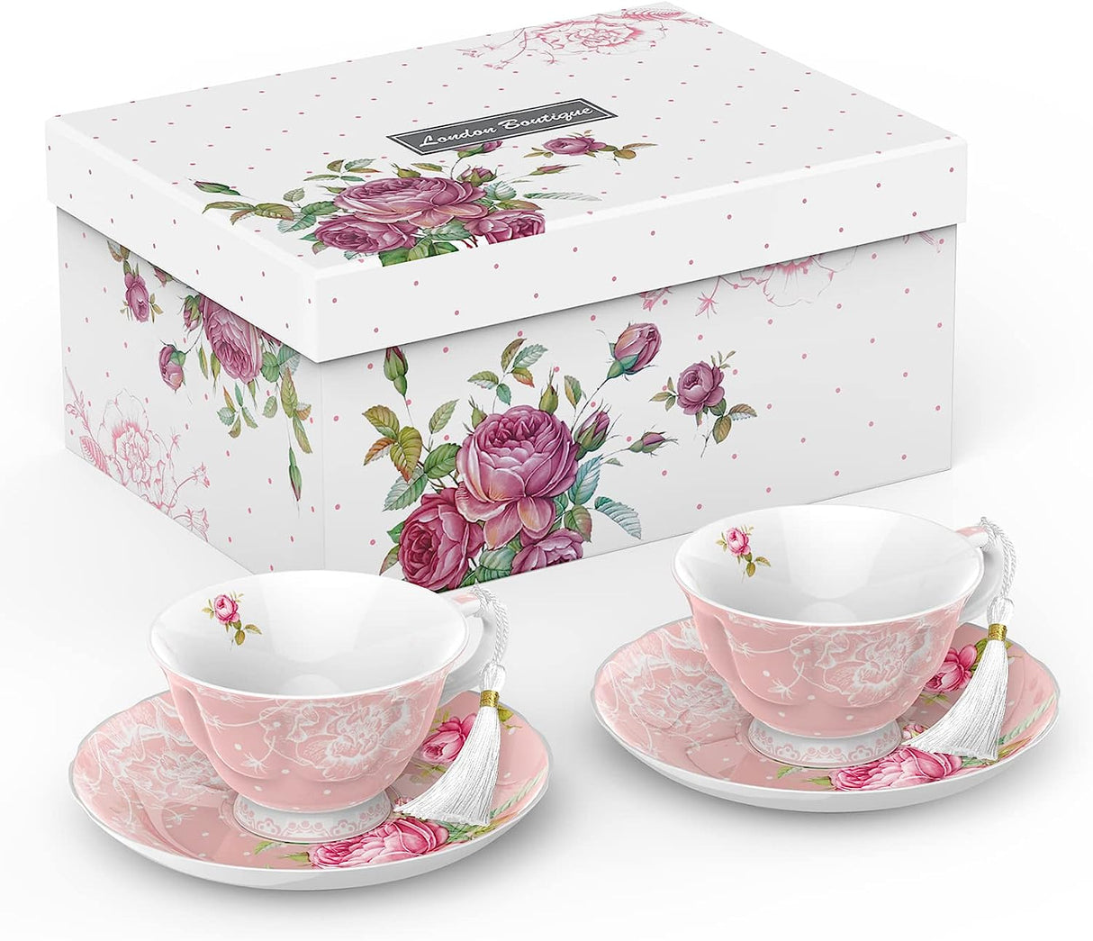 Elegant pink Coffee Set with floral design cups and saucers housed in a decorative gift box