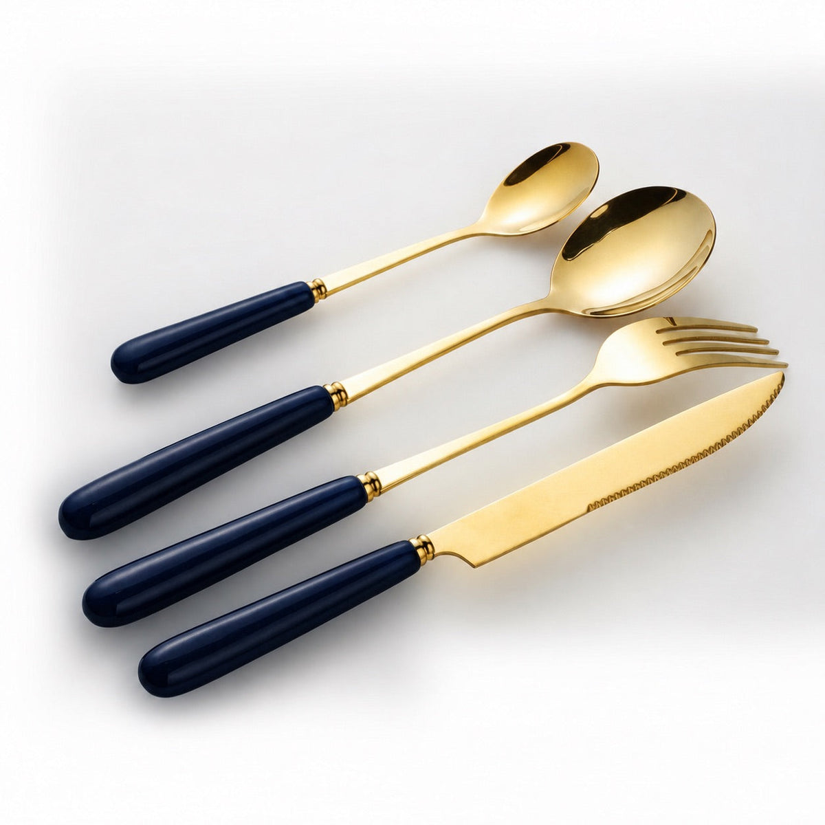 KitchBoom elegant gold Cutlery Set with navy blue handles for stylish dining experiences