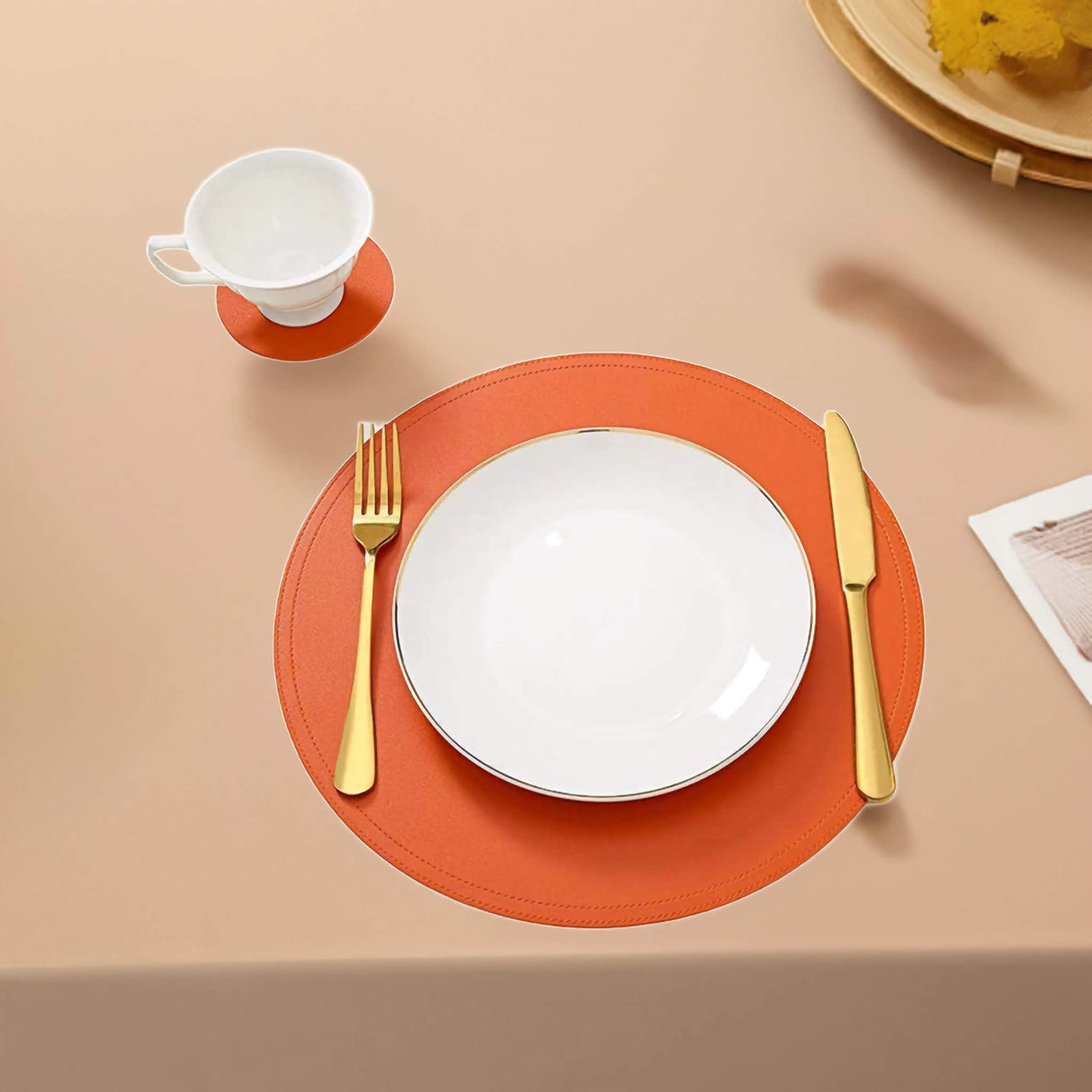 SophistiMat Orange Leather Placemat and Coaster Set KitchBoom
