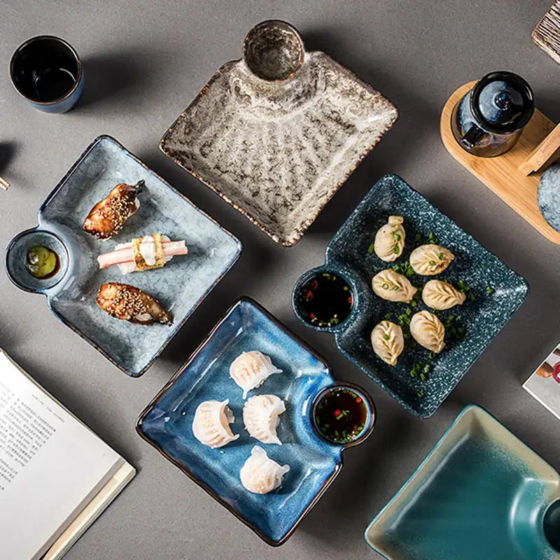 Nisu Home Decorative Plates Set Displaying Assorted Sushi and Dumplings on Elegant Tableware
