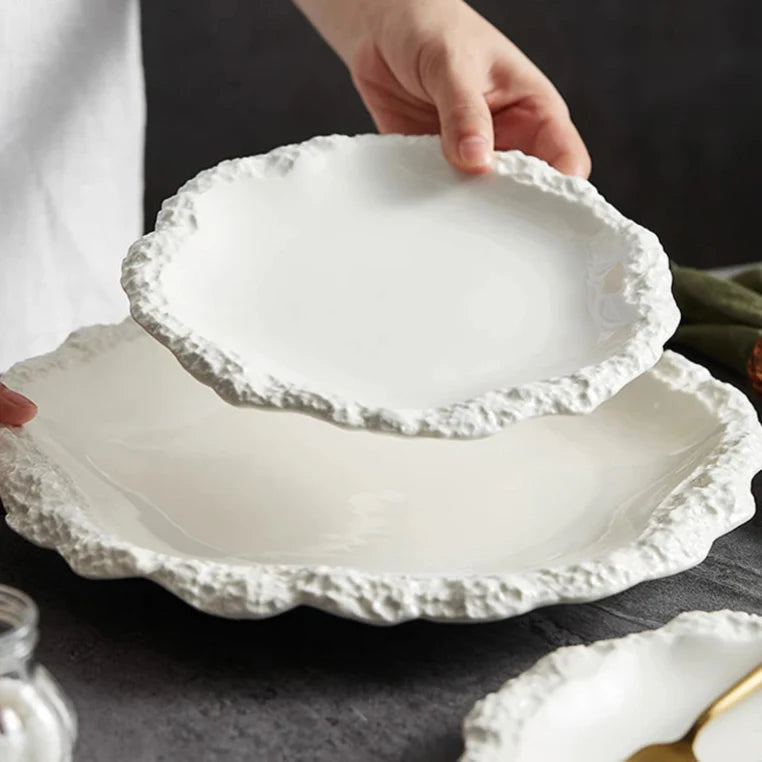 Nisu Home White Decorative Plates with Unique Textured Edges for Elegant Serving