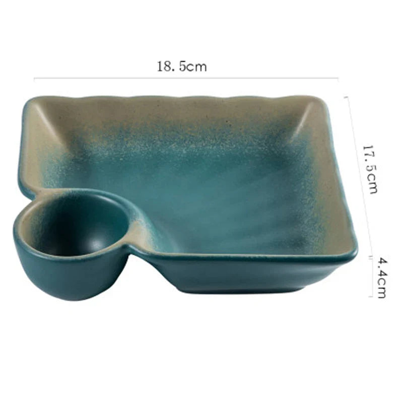 Nisu Home Square Serving Plates in Teal with a Unique Dipping Bowl for Party Appetizers