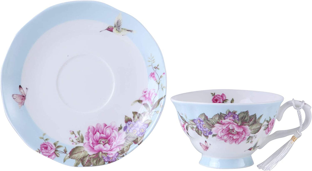 Elegant tea cup and saucer set featuring floral design with butterflies, perfect for afternoon tea