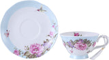 Elegant tea cup and saucer set featuring floral design with butterflies, perfect for afternoon tea