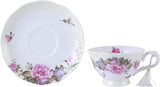 Elegant floral tea cup and saucer set featuring roses and hummingbirds, perfect for afternoon tea