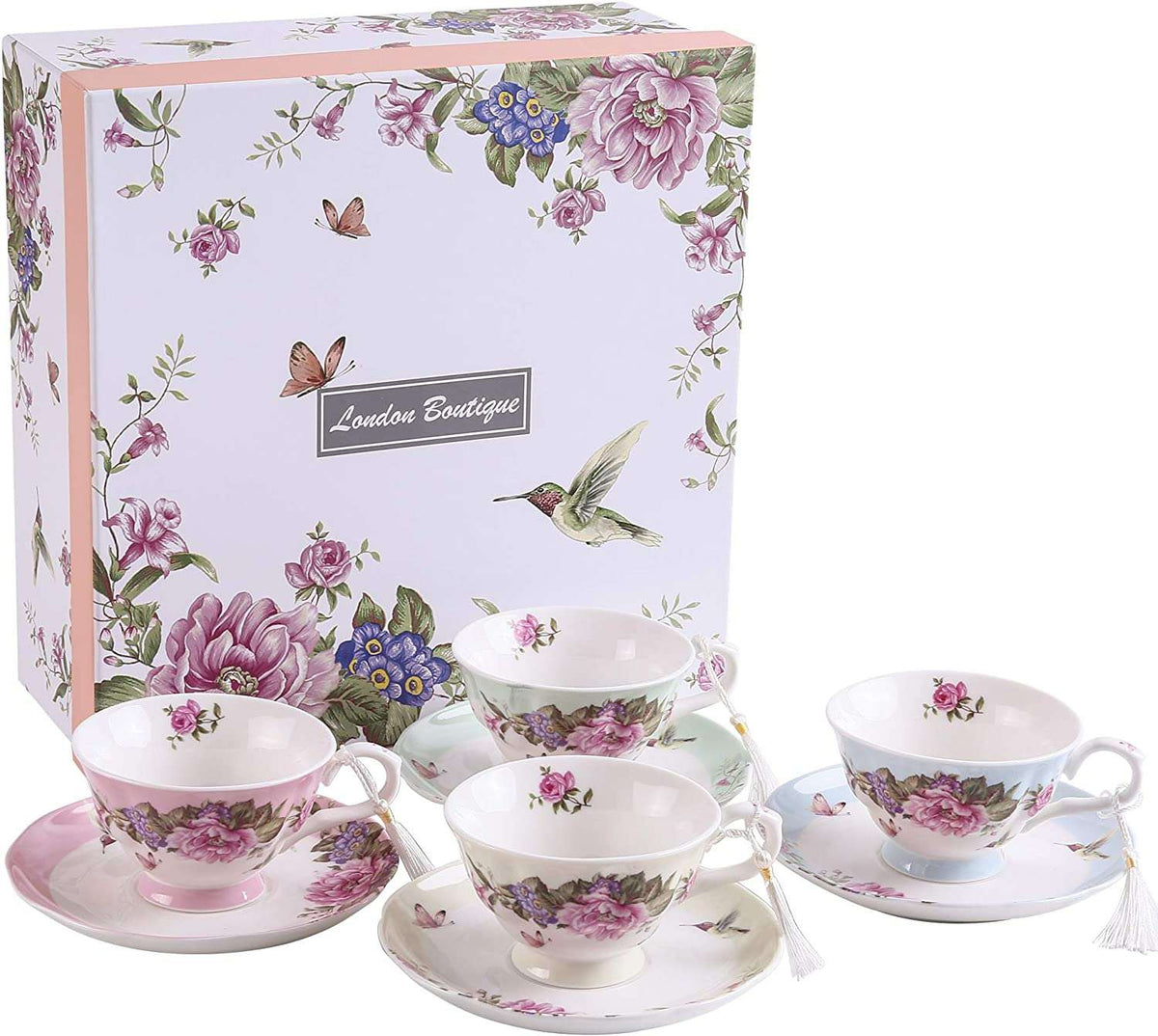 Set of London Boutique Lifestyle Floral Tea Cups with Saucer in Pastel Colours, Perfect for Afternoon Tea