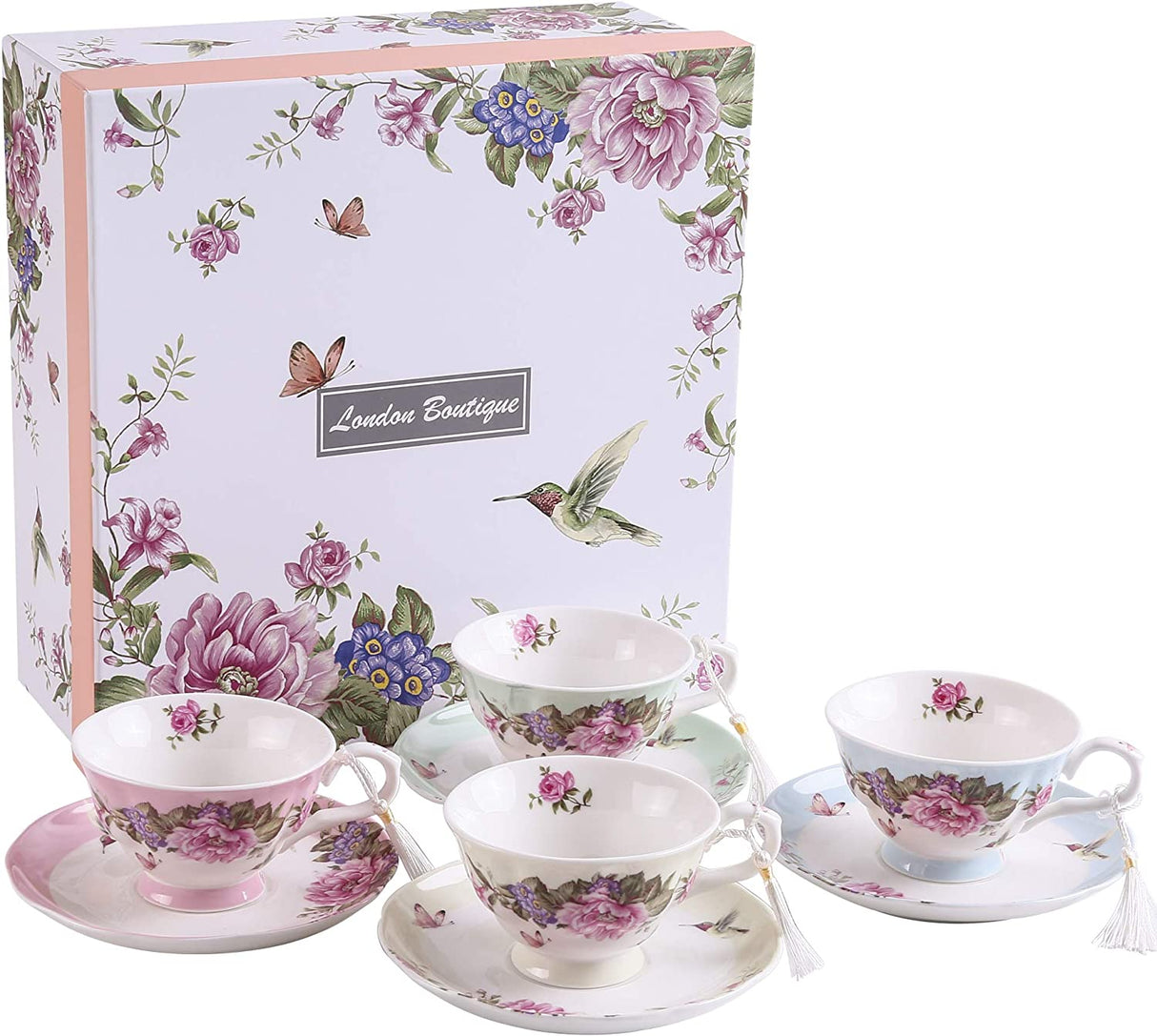 Set of London Boutique Lifestyle Floral Tea Cups with Saucer in Pastel Colours, Perfect for Afternoon Tea