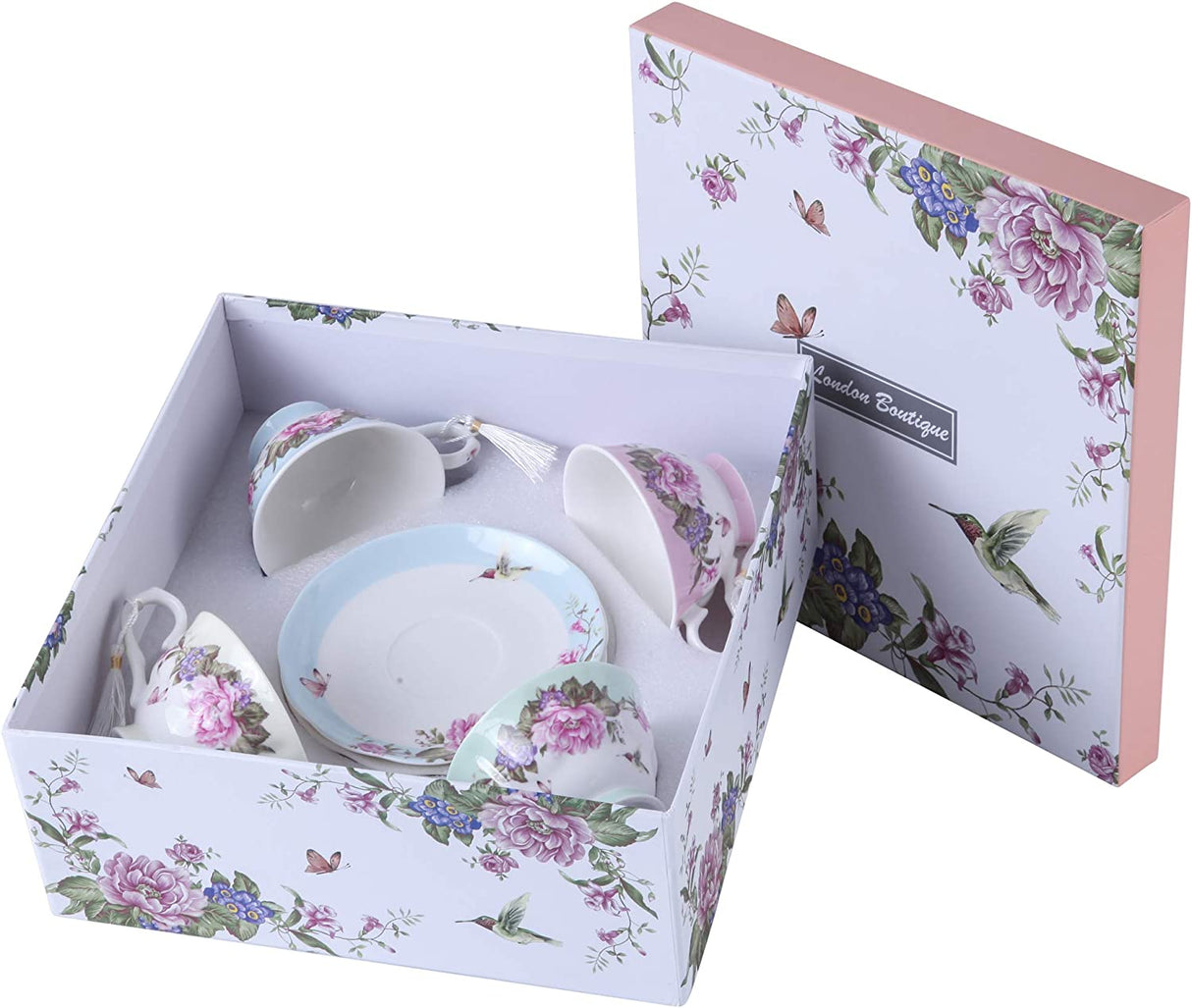 Elegant London Boutique Lifestyle tea cup set with floral design in a decorative gift box