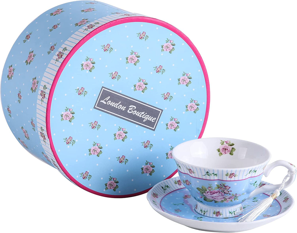 Elegant London Boutique Tea cups with floral design and matching saucer in a decorative gift box