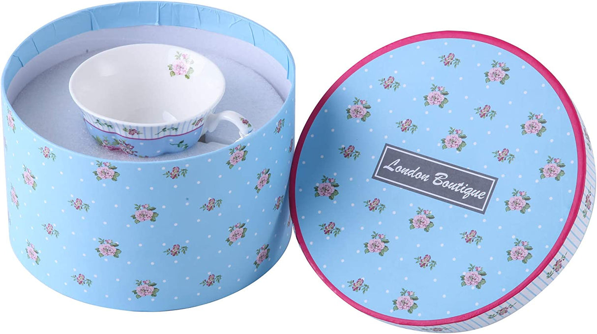 Elegant London Boutique Lifestyle tea cups in a decorative blue packaging with floral design