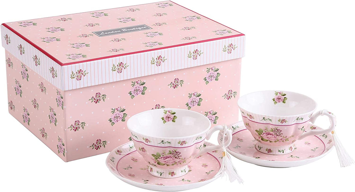 Delicate pink tea cups with floral designs, presented in a pretty gift box from London Boutique Lifestyle