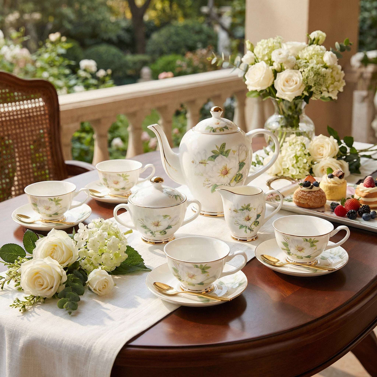 Elegant KitchBoom Tea Set featuring floral design cups and teapot for afternoon tea gatherings