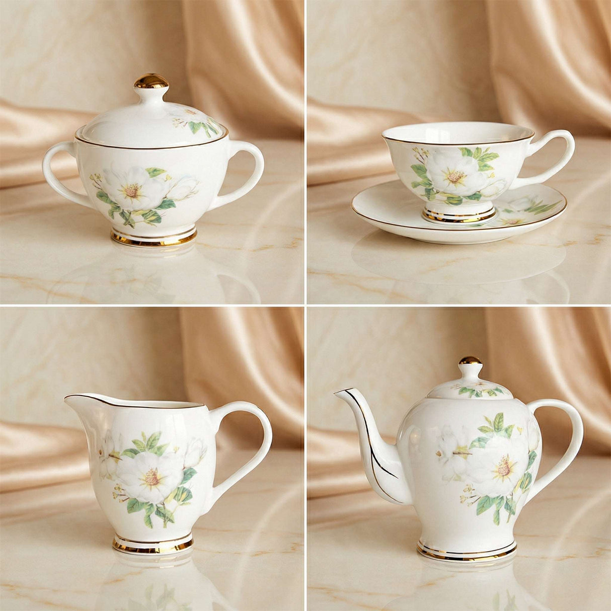 Elegant KitchBoom Tea Set with Floral Design, Includes Teapot, Cup, and Saucer