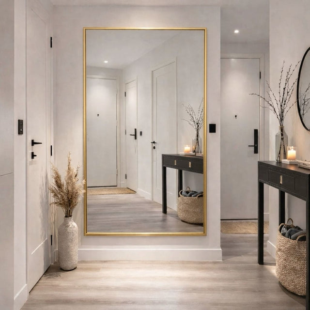 Jobu Home Rectangle Mirror in a stylish gold frame, enhancing the hallway decor