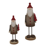 Set of Tall Santa figurines in brown and red holding Christmas trees for festive room decorations
