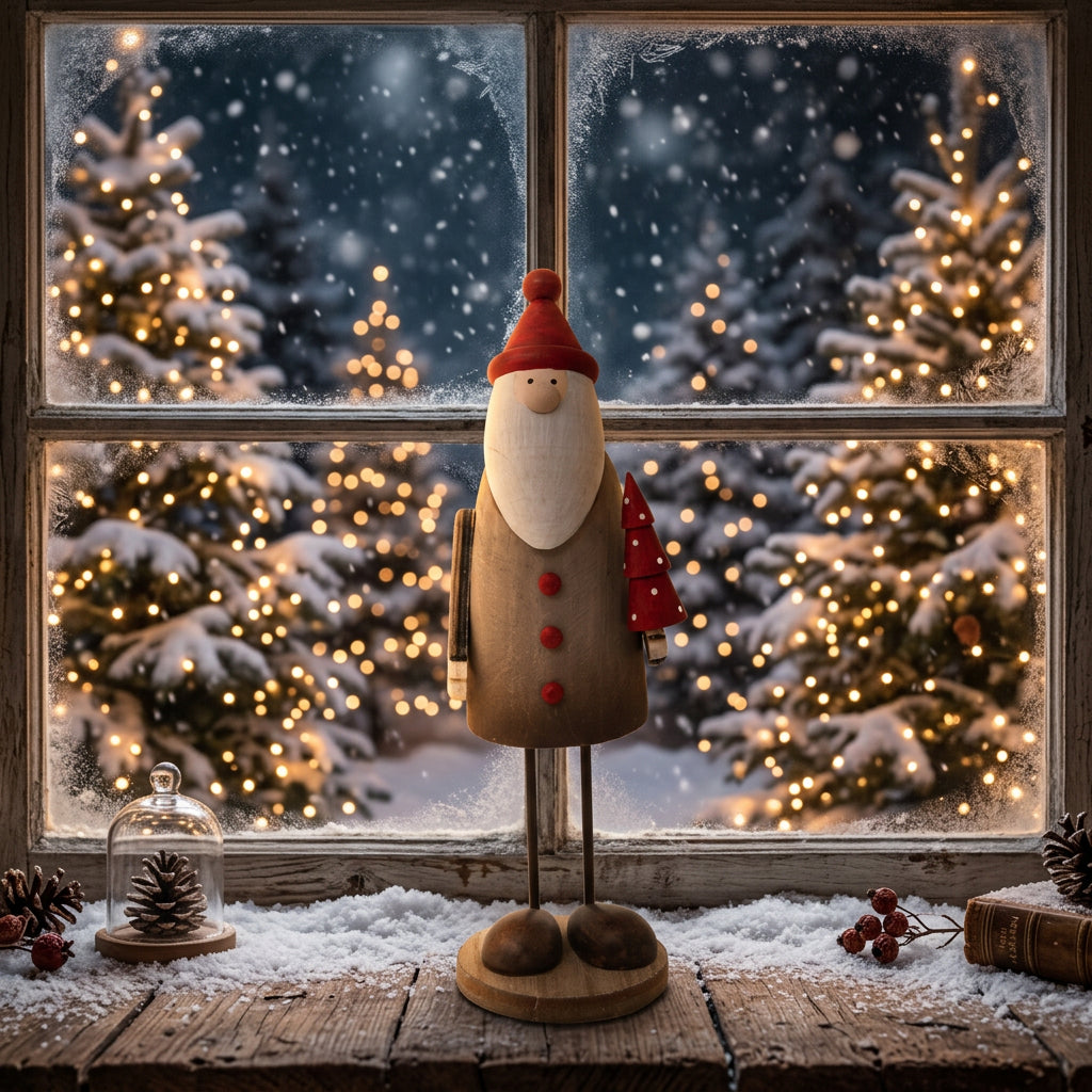 Charming Tall Santa figurine in front of a snowy window, enhancing Christmas room decorations