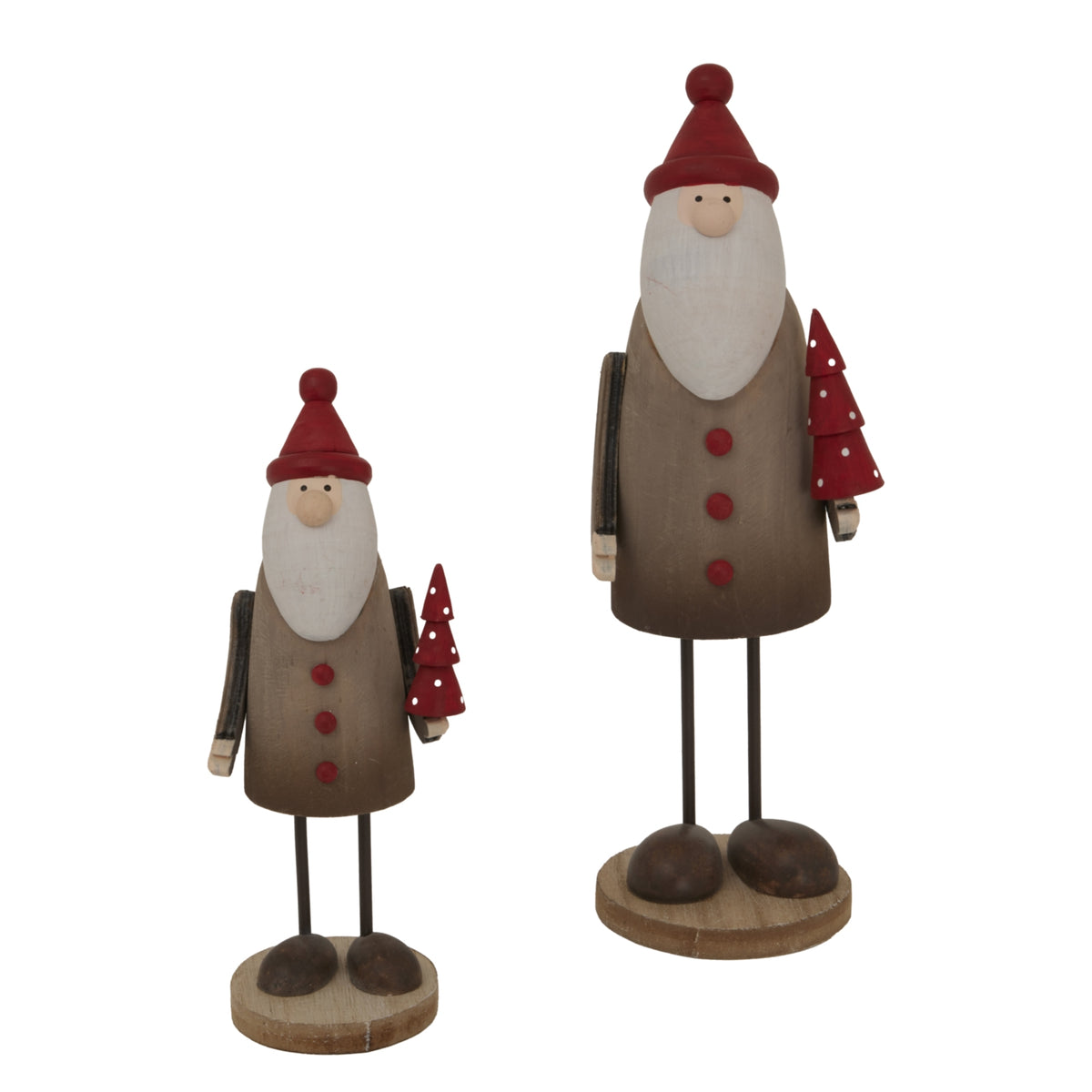 Two tall Santa decorations in festive attire, ideal for Christmas room decorations