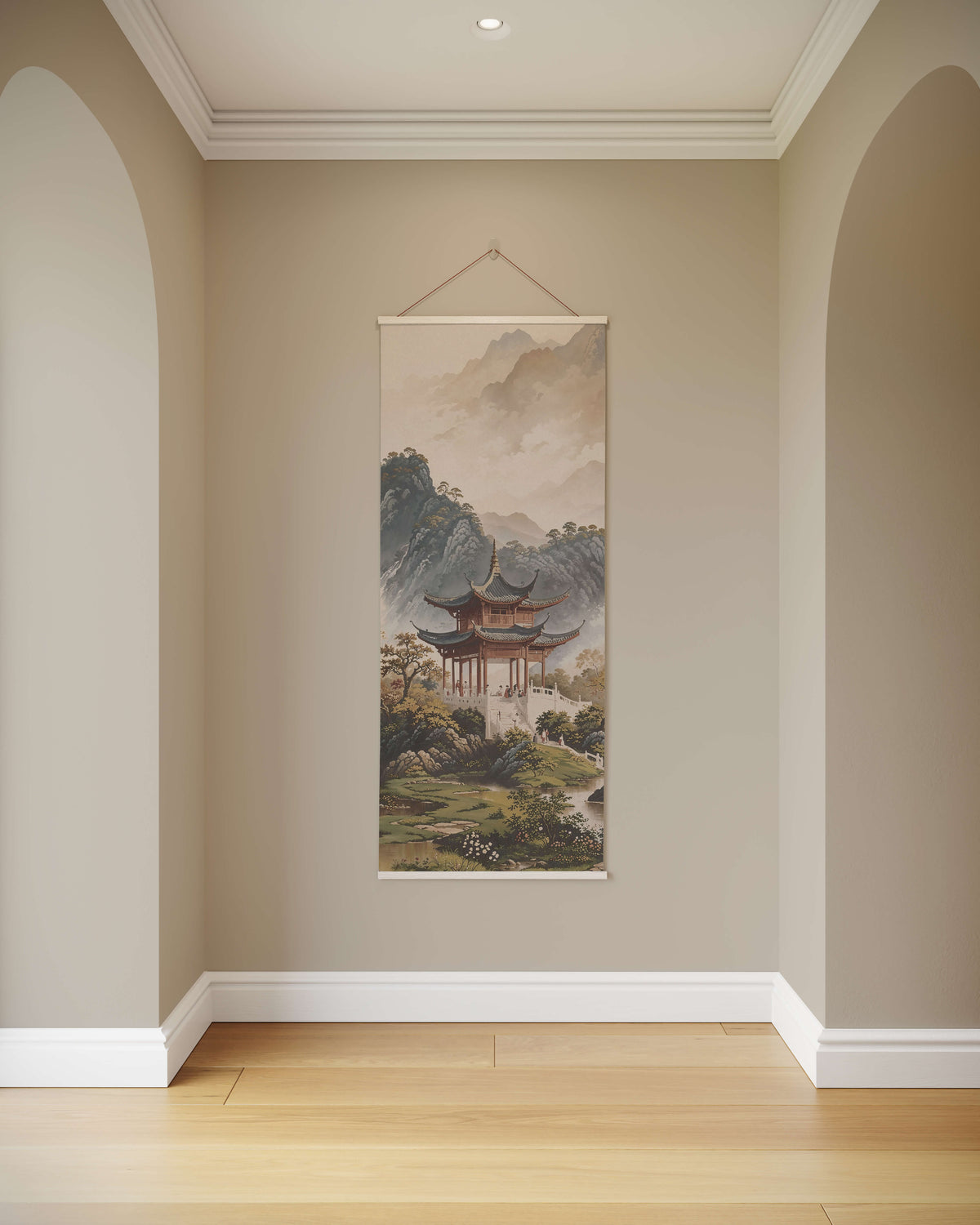 Printworks Tapestry featuring serene landscape with mountains and traditional architecture for home decor