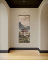 Printworks Tapestry featuring a serene landscape with mountains and traditional architecture