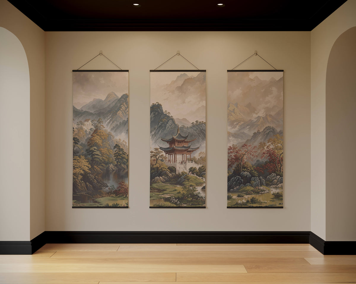 Printworks Tapestry featuring serene mountain and pagoda landscape in three panels for elegant home decor