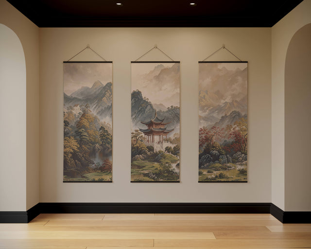 Printworks Tapestry featuring serene mountain and pagoda landscape in three panels for elegant home decor