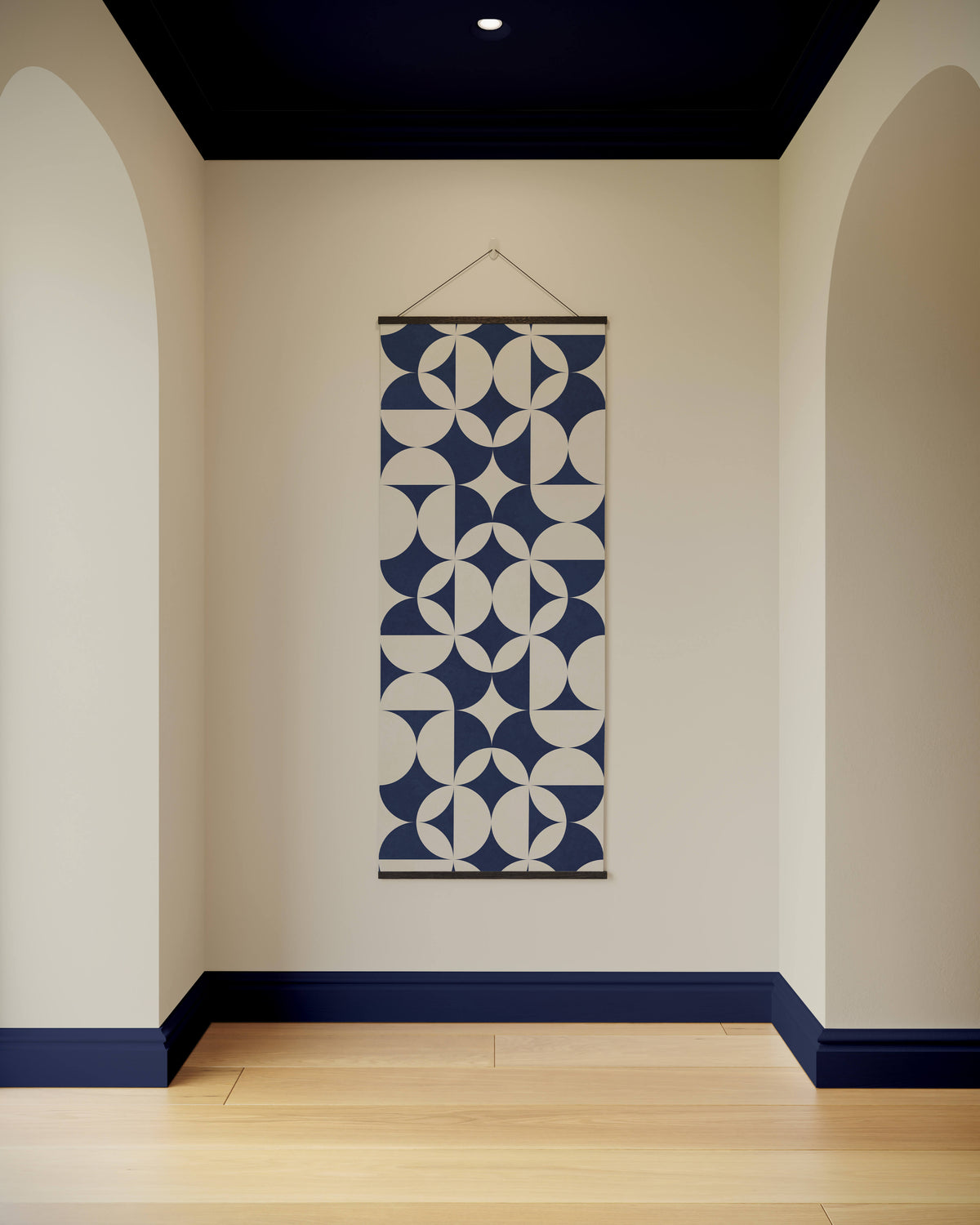 Geometric Printworks tapestry in blue and cream, perfect for modern home decor