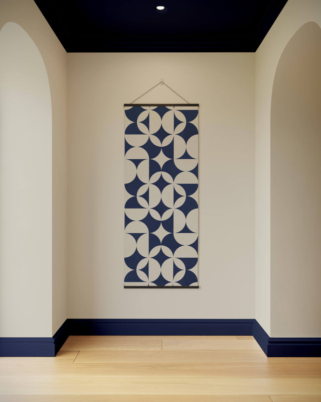Geometric Printworks tapestry in blue and cream, perfect for modern home decor
