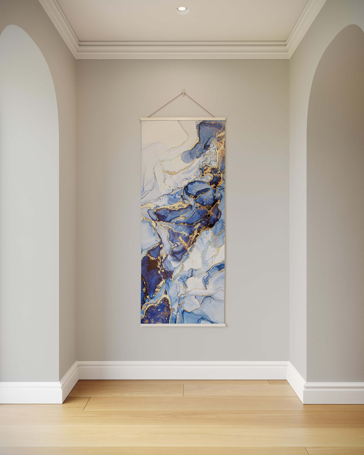 Elegant abstract tapestry in blue and gold tones, ideal for modern home decor