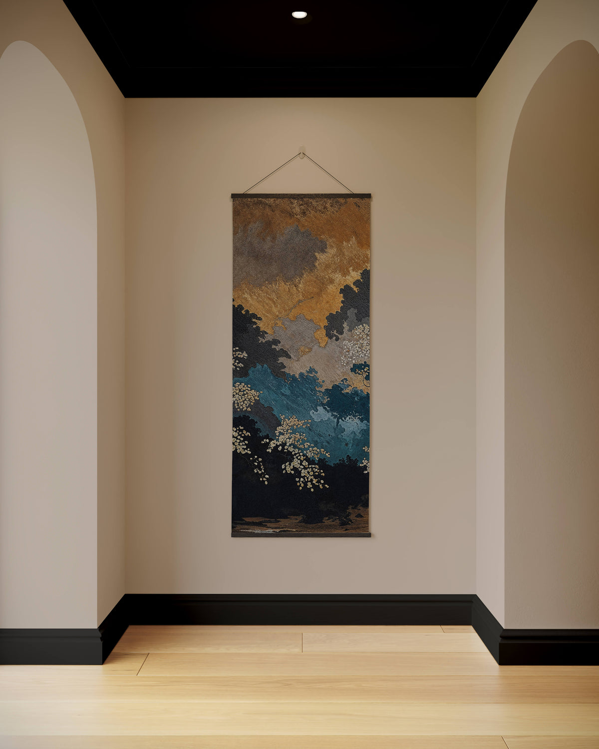 Printworks Tapestry featuring a stunning abstract landscape in deep blues and earthy tones